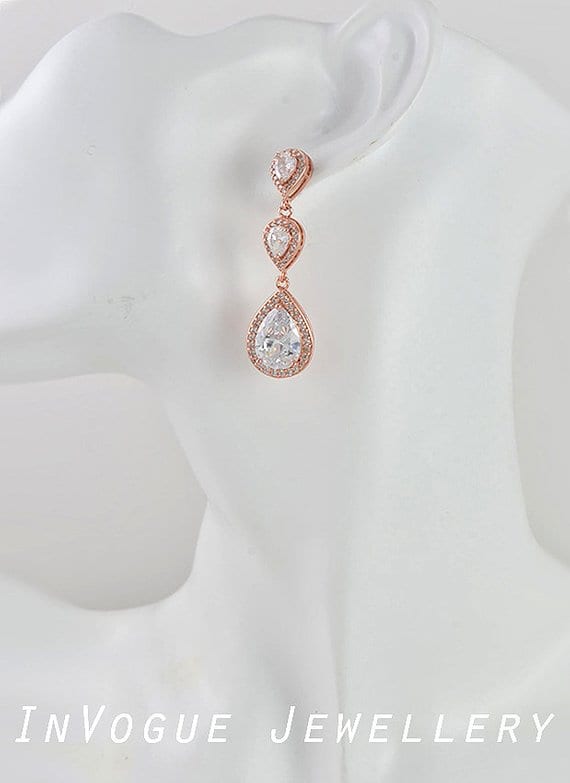 Rose Gold Long Crystal Zirconia Drop Bridal Wedding Earrings