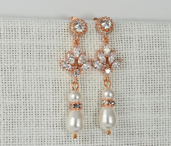 Rose Gold Swarovski Pearl Earrings Wedding Bridal Jewellery 1