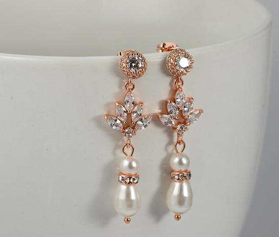 Rose Gold Swarovski Pearl Earrings Wedding Bridal Jewellery