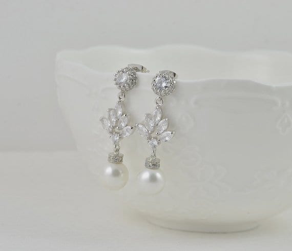 Silver Bridal Earrings Pearl Teardrop Wedding Jewellery Earrings