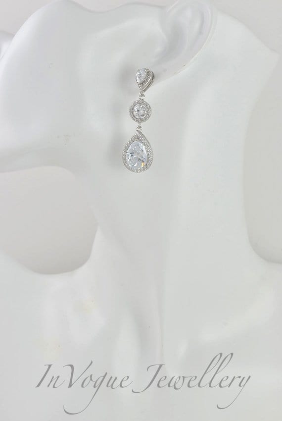 Silver Crystal Teardrop Bridal Wedding Earrings
