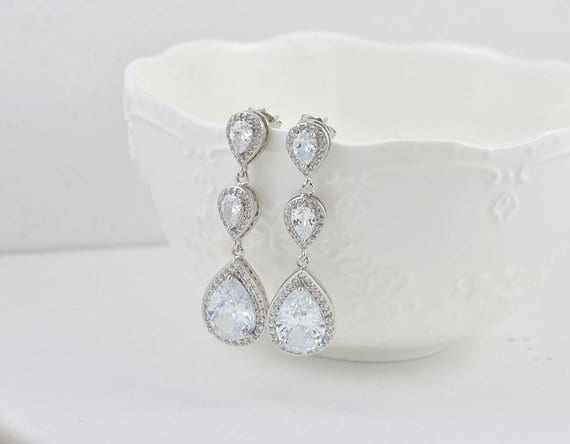 Silver Cubic Zirconia Bridal Wedding Drop Earrings 55