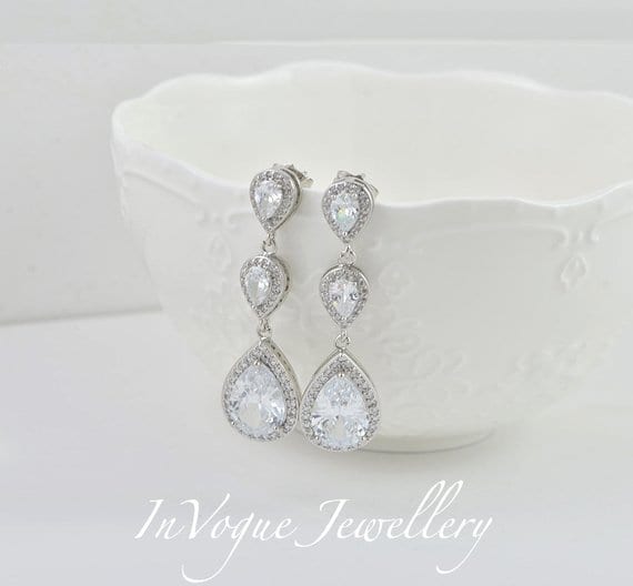 Silver Cubic Zirconia Bridal Wedding Drop Earrings