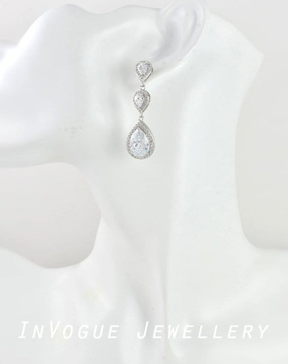 Silver Cubic Zirconia Bridal Wedding Drop Earrings 54