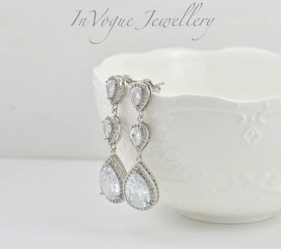 Silver Cubic Zirconia Bridal Wedding Drop Earrings 53