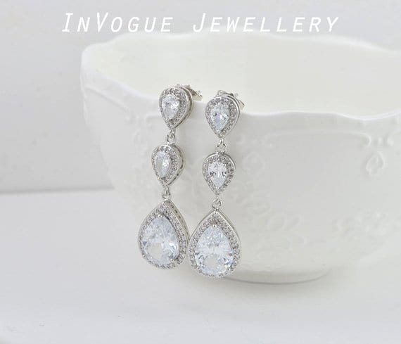 Silver Cubic Zirconia Bridal Wedding Drop Earrings 52