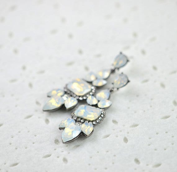 Vintage Style Drop White Opal Cluster Rhinestone Bridal Earrings