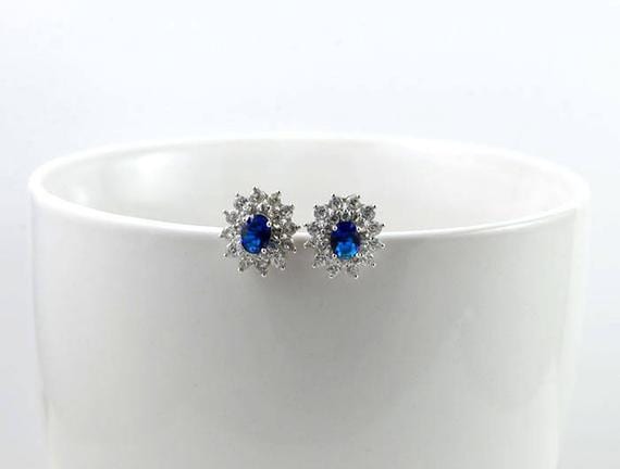 Silver Blue Sapphire Stud Bridal Wedding Earrings 3