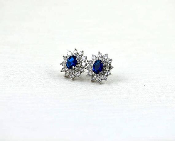 Silver Blue Sapphire Stud Bridal Wedding Earrings 52
