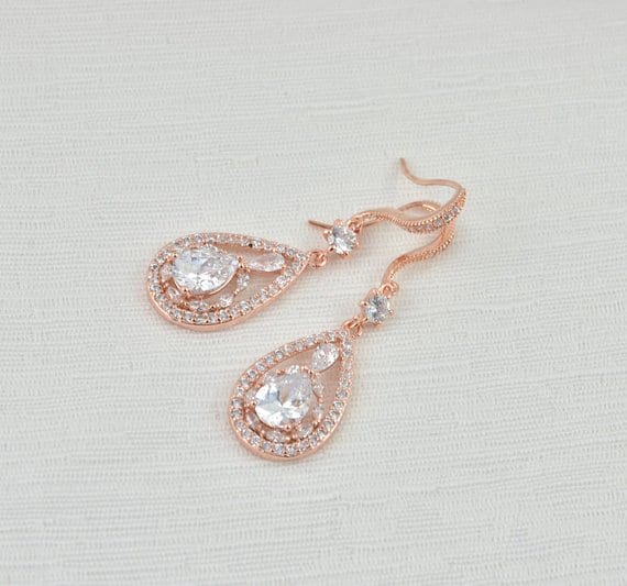 Elegant Rose Gold Teardrop Cubic Zirconia Crystals Wedding & Bridal Earrings