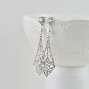 Silver Bridal Bridesmaid Dangle Diamond Shape Wedding Crystals Earrings