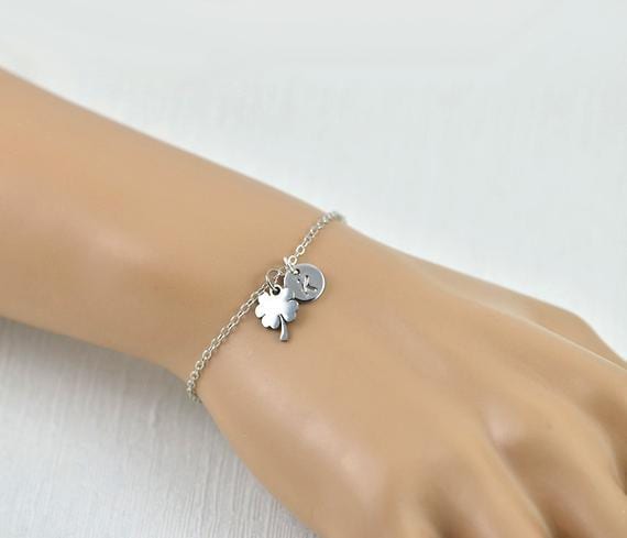 Four Leaf Clover Dainty Silver Personalised Bracelet with Tiny Initial 53