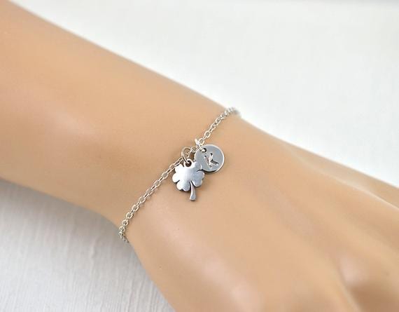 Four Leaf Clover Dainty Silver Personalised Bracelet with Tiny Initial 51