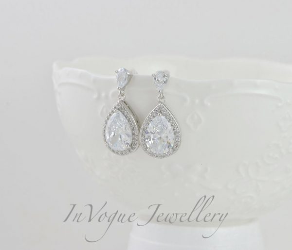 Bridesmaid Teardrop Dangle Silver Wedding Earrings Jewellery