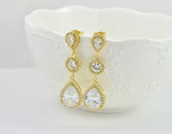 Gold Halo Style Teardrop Bridal Bridesmaid Wedding Earrings