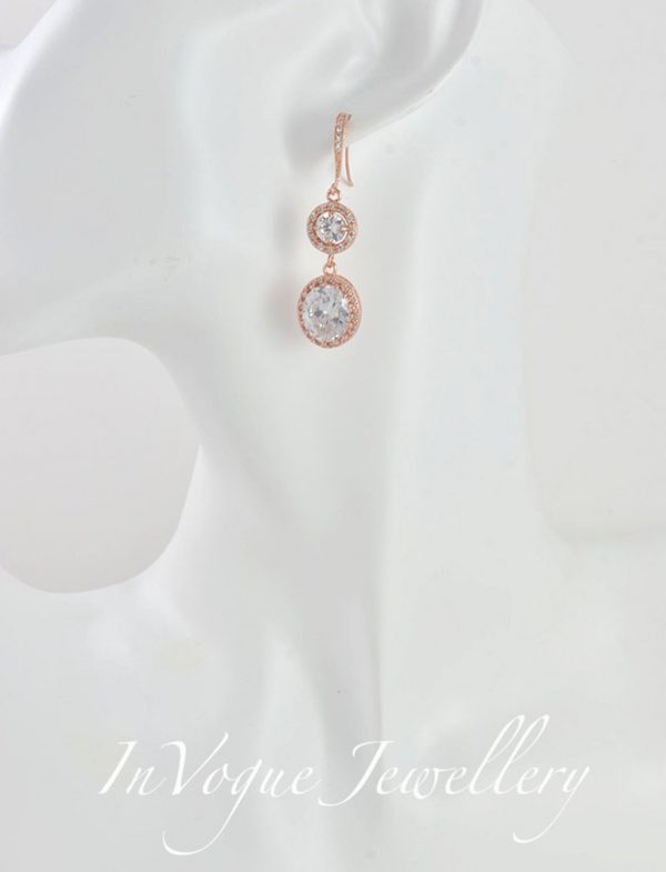Rose Gold Halo Crystal Dangle Bridal Bridesmaid Wedding Earrings