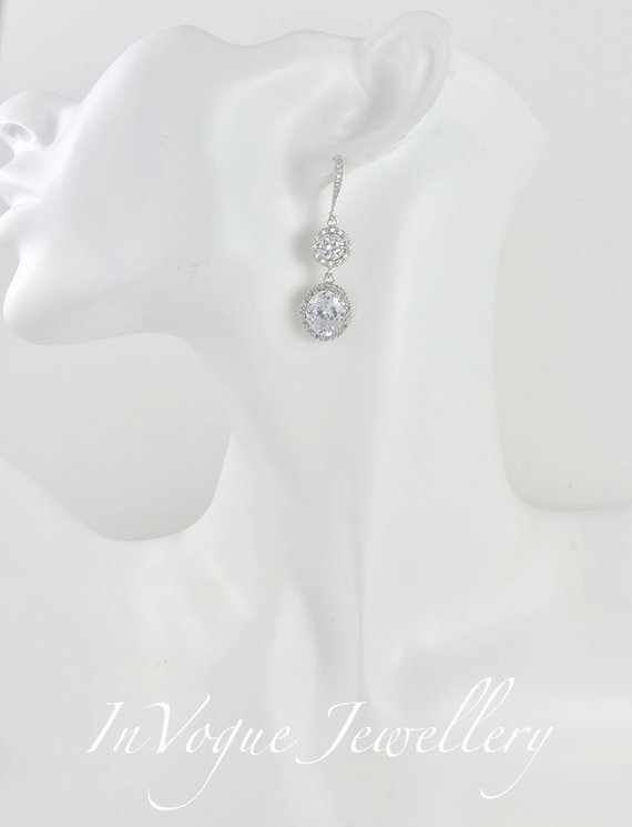 Silver Dangle Halo Style Crystal Bridal Wedding Brides Earrings