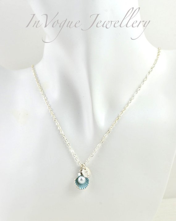 Turquoise Dainty Pearl Necklace - Silver Personalised Seashell 53