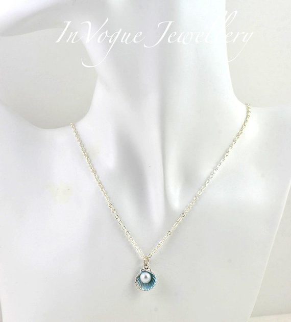 Turquoise Dainty Pearl Necklace - Silver Personalised Seashell 52