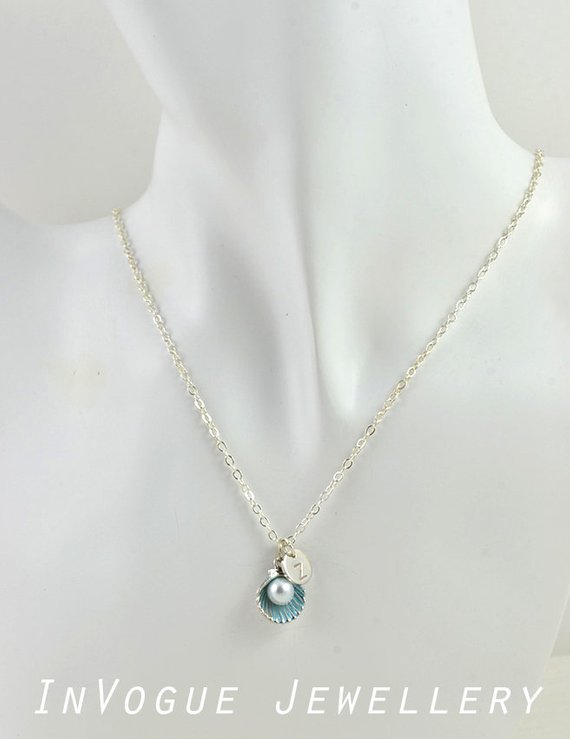 Turquoise Dainty Pearl Necklace - Silver Personalised Seashell 51