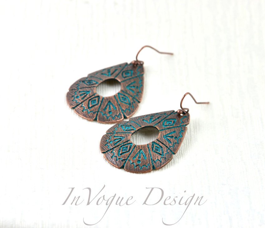 Dark Blue Filigree Copper Earrings - Drop Earrings, Light Weight, Antique Copper 18