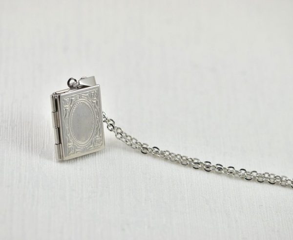Silver Rectangle Book Locket Necklace 1