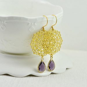 Amethyst Filigree Teardrop Earrings - Light weight