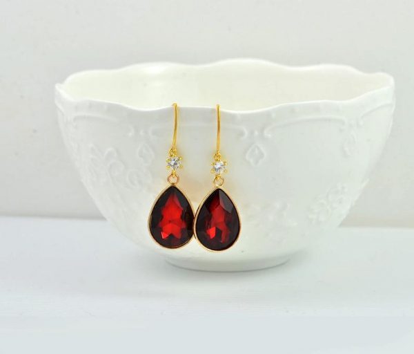 Ruby Bridesmaids Gold Earrings - Wedding Jewellery, Cubic Zirconia Crystals