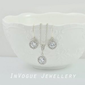 Sterling Silver Bridal Necklace - Cubic Zirconia, Halo Style, Crystal