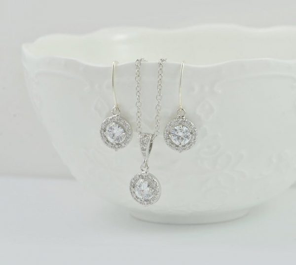 Sterling Silver Bridal Necklace - Cubic Zirconia, Halo Style, Crystal