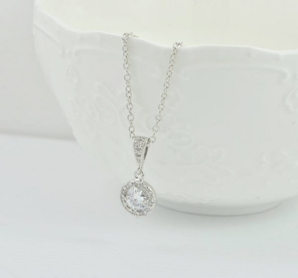 Sterling Silver Bridal Necklace - Cubic Zirconia, Halo Style, Crystal 51