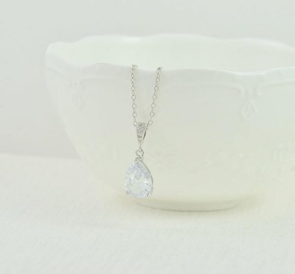 Silver Crystal Drop Bridal Necklace - Cubic Zirconia, Simple, Wedding Necklace