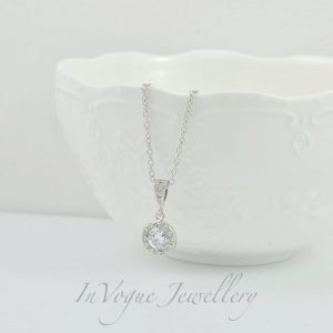 Sterling Silver Bridal Necklace - Cubic Zirconia, Halo Style, Crystal
