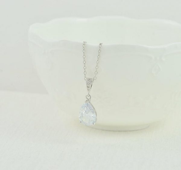 Silver Crystal Drop Bridal Necklace - Cubic Zirconia, Simple, Wedding Necklace