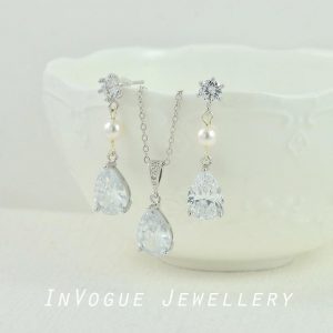 Silver Crystal Drop Bridal Necklace - Cubic Zirconia, Simple, Wedding Necklace
