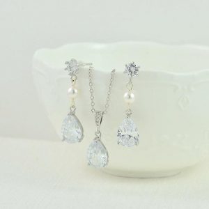 Silver Crystal Drop Bridal Necklace - Cubic Zirconia, Simple, Wedding Necklace
