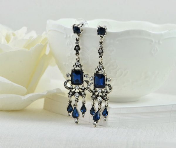 Sapphire silver Earrings - Bridesmaids, Bridal, Chandelier, Antique Look