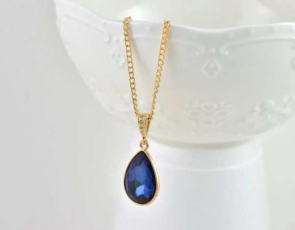 Sapphire Gold Personalised Bridesmaids Drop Necklace, Elegant Navy Blue Teardrop Initials Gold Necklace Jewellery, Simple Letter Necklace