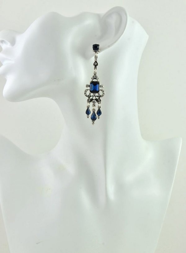 Sapphire silver Earrings - Bridesmaids, Bridal, Chandelier, Antique Look
