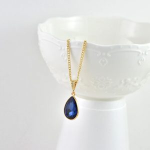 Sapphire Gold Personalised Bridesmaids Drop Necklace, Elegant Navy Blue Teardrop Initials Gold Necklace Jewellery, Simple Letter Necklace