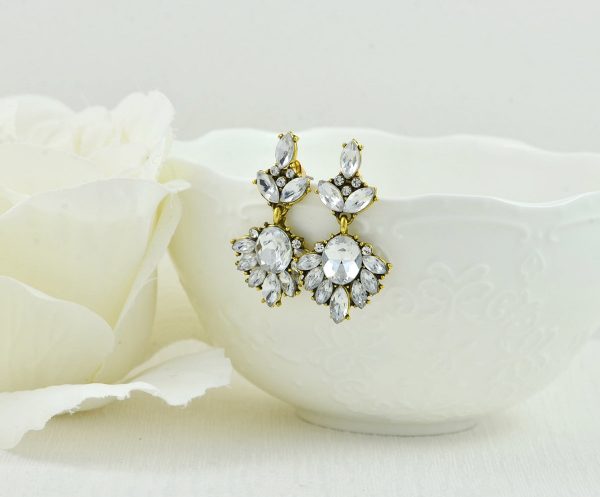 Antique Gold Bridal Crystal Earrings, Bridesmaids Rhinestone Drop Earrings Wedding Jewellery, Gatsby Style Gold Dangle Stud Earrings Gift - Image 2