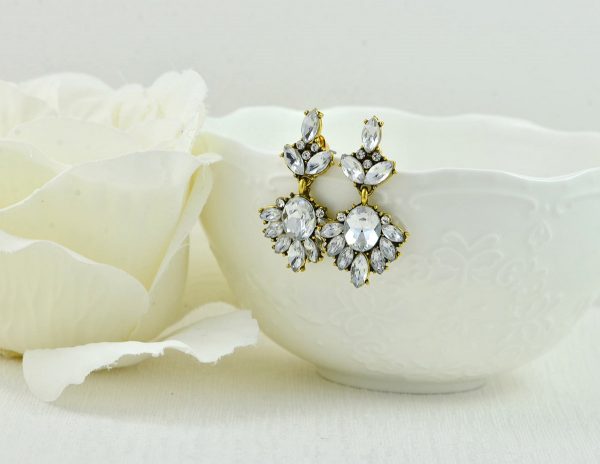 Antique Gold Bridal Crystal Earrings, Bridesmaids Rhinestone Drop Earrings Wedding Jewellery, Gatsby Style Gold Dangle Stud Earrings Gift - Image 3