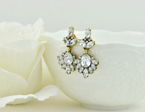 Antique Gold Bridal Crystal Earrings, Bridesmaids Rhinestone Drop Earrings Wedding Jewellery, Gatsby Style Gold Dangle Stud Earrings Gift - Image 5