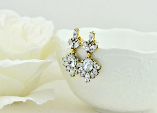 Antique Gold Bridal Crystal Earrings, Bridesmaids Rhinestone Drop Earrings Wedding Jewellery, Gatsby Style Gold Dangle Stud Earrings Gift - Image 6