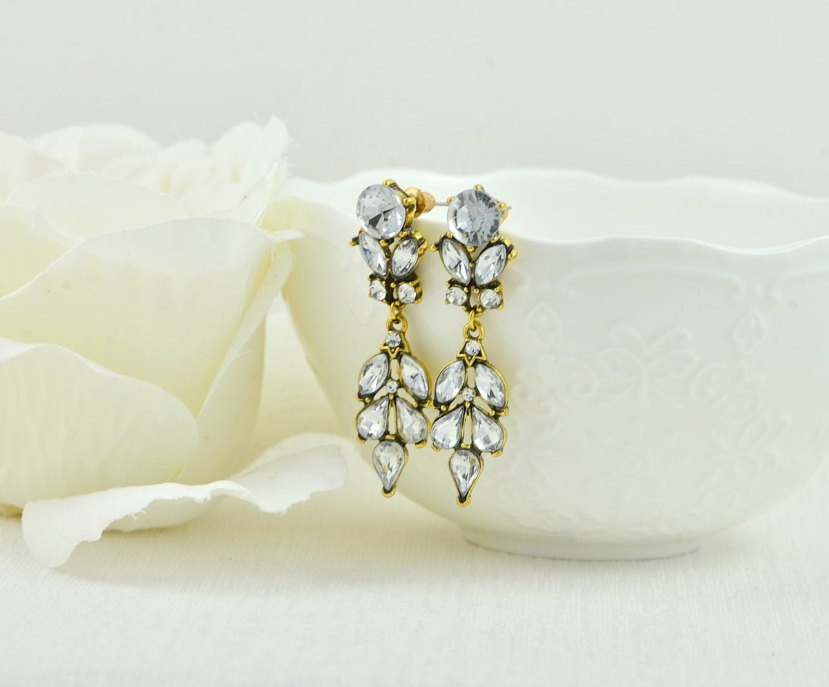 Antique Gold Earrings, Clear Crystal Bridesmaids Chandelier Stud Earrings, Antique Gold Modern Jewellery, Leaf Drop Dangle Stud Earrings 10