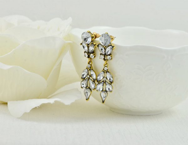 Antique Gold Earrings, Clear Crystal Bridesmaids Chandelier Stud Earrings, Antique Gold Modern Jewellery, Leaf Drop Dangle Stud Earrings - Image 2