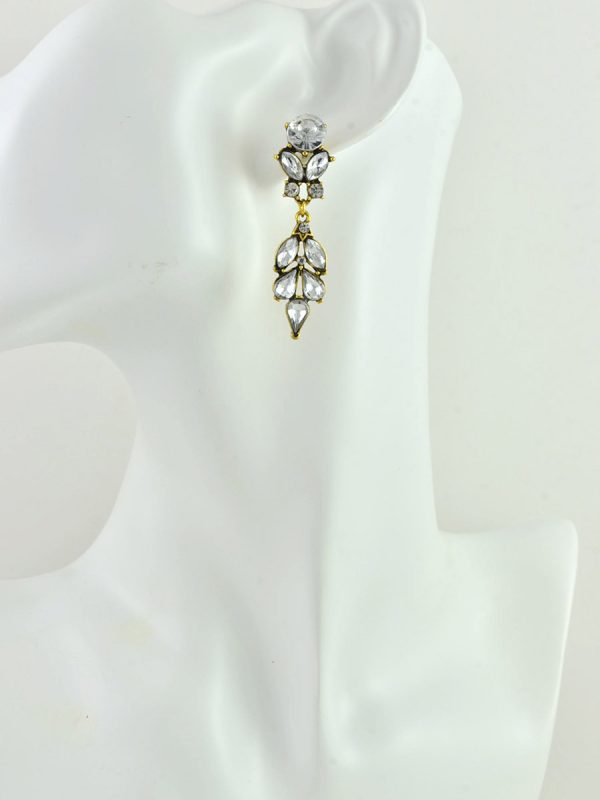 Antique Gold Earrings, Clear Crystal Bridesmaids Chandelier Stud Earrings, Antique Gold Modern Jewellery, Leaf Drop Dangle Stud Earrings - Image 3