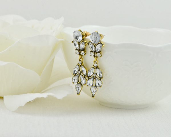 Antique Gold Earrings, Clear Crystal Bridesmaids Chandelier Stud Earrings, Antique Gold Modern Jewellery, Leaf Drop Dangle Stud Earrings - Image 4