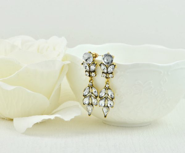 Antique Gold Earrings, Clear Crystal Bridesmaids Chandelier Stud Earrings, Antique Gold Modern Jewellery, Leaf Drop Dangle Stud Earrings - Image 5