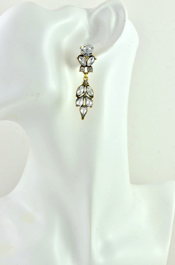 Antique Gold Earrings, Clear Crystal Bridesmaids Chandelier Stud Earrings, Antique Gold Modern Jewellery, Leaf Drop Dangle Stud Earrings - Image 6